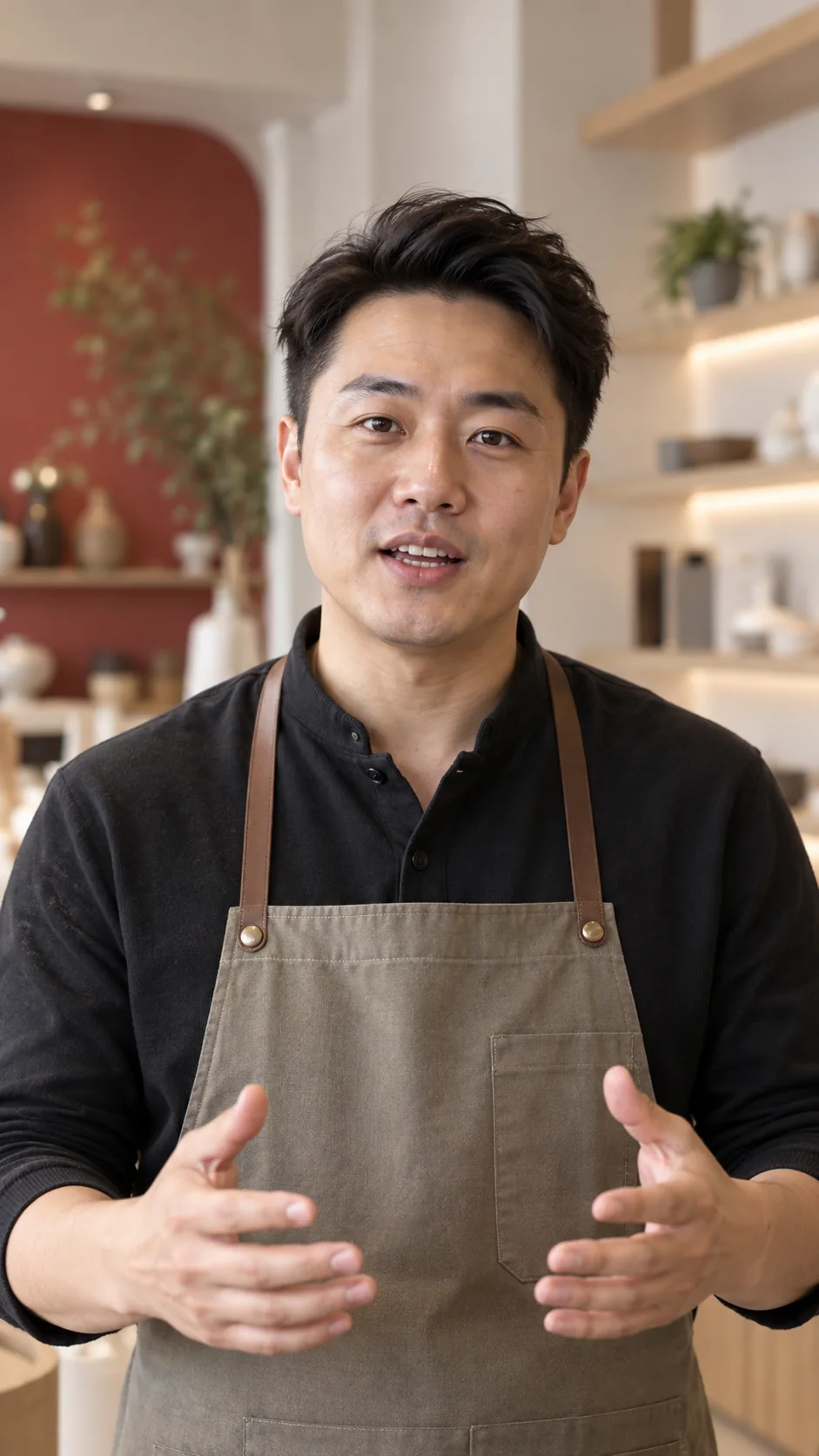 虚构店主面对镜头介绍产品的视觉示意